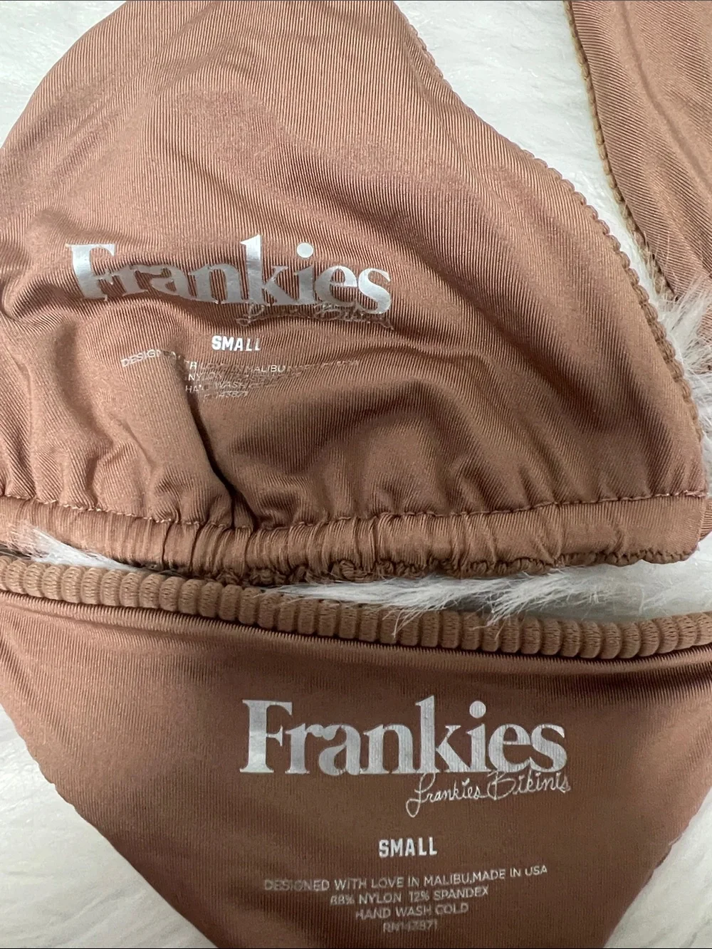 Frankies Bikinis Brown Ribbed String Triangle Bikini Set | Textured Tie Side